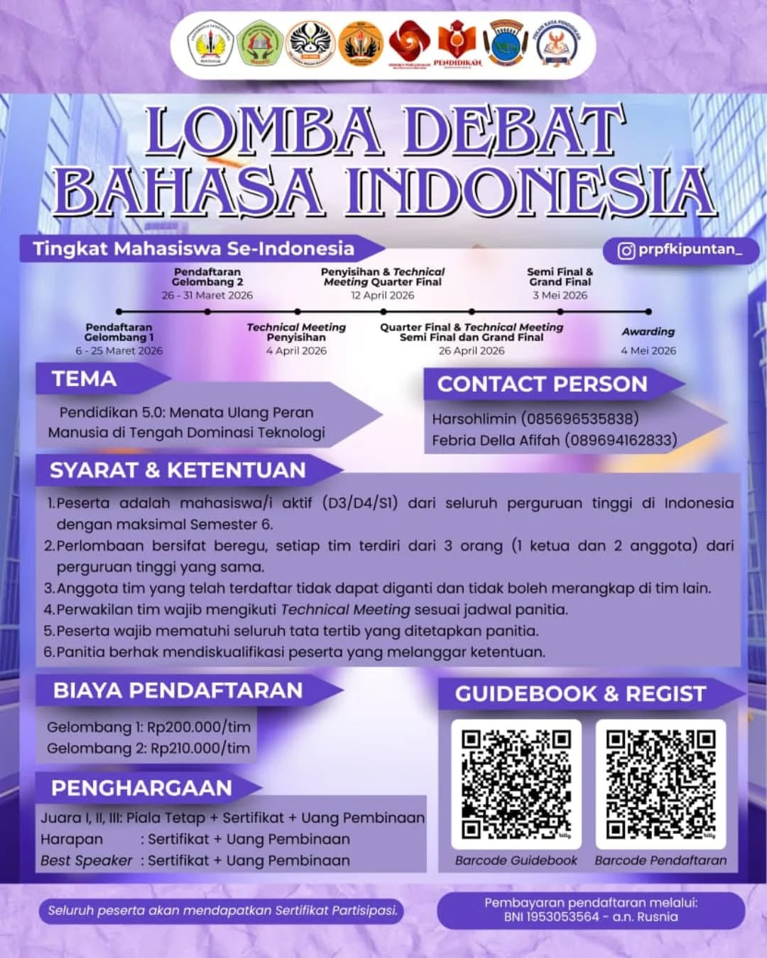 Lomba Debat Bahasa Indonesia (Mahasiswa D3/D4/S1) PRP FKIP UNTAN 2026 - Poster 2